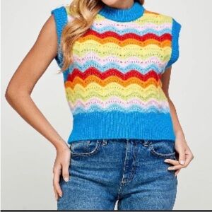 Zara Rainbow stripe sweater vest sleeveless wool alpaca blend colorful v-neck S